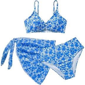 SOLY HUX Girl's Swimsuit Set Cute Floral Print High Waisted Bikinis Bathing Suit with Cover Up Skirts