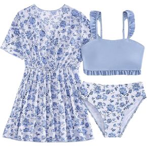 SHENHE Girl's Floral Bathing Suits 3 Piece Ruffle Bikini Set Swimsuits with Cover Up