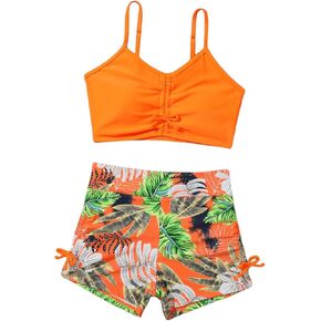 SHENHE Girl's 2 Piece Swimsuits with Shorts Tropical Print Boyshorts Bathing Suit Swimwear