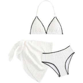 SOLY HUX Girl's 3 Piece Swimsuit Halter Bathing Suit Contrast Binding Textured Bikini Set with Cover Up Skirt