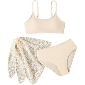 Girl's 3 Pieces Tankini Set Spaghetti Strap High Waisted Bathing Suit with Cover Up Skirt