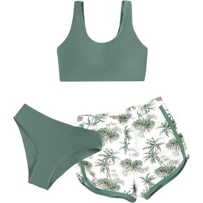 Girl's 3 Piece Swimsuits Tropical Wireless Sleeveless Cute Bikini Bathing Suit with Beach Shorts