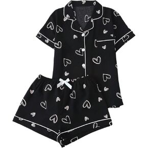 WDIRARA Women's 2 Piece Bow Print Pajama Set Short Sleeve Button Down Lounge Shorts Sleepwear Sets