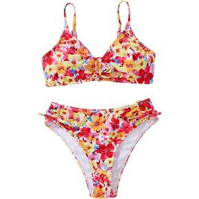 Girl's 2 Piece Bikini Set Floral Swimsuit Ruched Triangle Bikini High Waisted Bathing Suit Beachwear in Kuwait