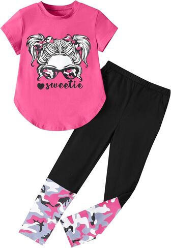 Girls Clothes Short Sleeve Irregular Tops + Camouflage Longg Legging Outfits 2PCs Summer Pant Sets 6-14T in Kuwait