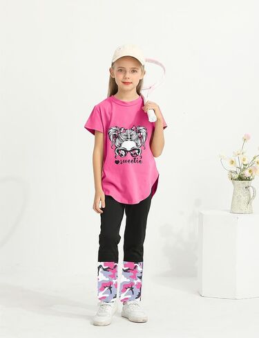 Girls Clothes Short Sleeve Irregular Tops + Camouflage Longg Legging Outfits 2PCs Summer Pant Sets 6-14T in Kuwait