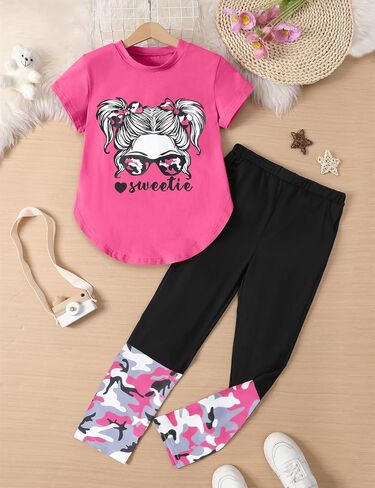 Girls Clothes Short Sleeve Irregular Tops + Camouflage Longg Legging Outfits 2PCs Summer Pant Sets 6-14T in Kuwait