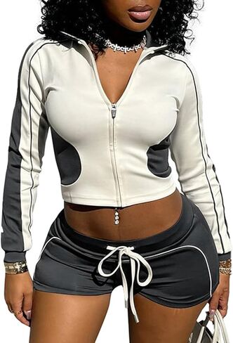 ECHOINE Workout Sets for Women Long Sleeve Color Block Zip Up Jacket High Waisted Shorts Set 2 Piece Outfits in Kuwait