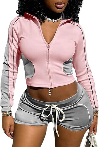 ECHOINE Workout Sets for Women Long Sleeve Color Block Zip Up Jacket High Waisted Shorts Set 2 Piece Outfits in Saudi Arabia