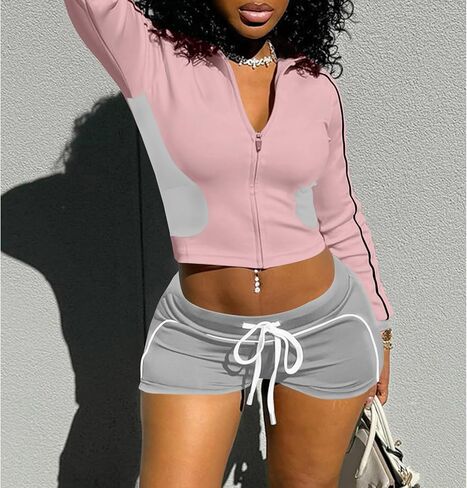 ECHOINE Workout Sets for Women Long Sleeve Color Block Zip Up Jacket High Waisted Shorts Set 2 Piece Outfits in Saudi Arabia