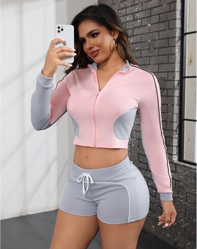 ECHOINE Workout Sets for Women Long Sleeve Color Block Zip Up Jacket High Waisted Shorts Set 2 Piece Outfits in Saudi Arabia