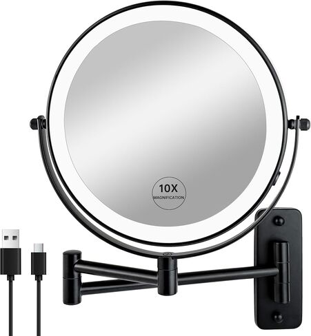 JANEEVA 8" Wall Mounted Lighted Makeup Mirror,Rechargeable Double Sided 1X/10X Magnifying Mirror with 3 Color Lights,Touch Dimmable Bathroom Vanity Mirror with 360°Swivel Extendable Arm Matte Black in Kuwait