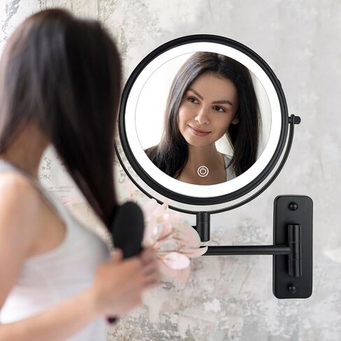 JANEEVA 8" Wall Mounted Lighted Makeup Mirror,Rechargeable Double Sided 1X/10X Magnifying Mirror with 3 Color Lights,Touch Dimmable Bathroom Vanity Mirror with 360°Swivel Extendable Arm Matte Black in Kuwait