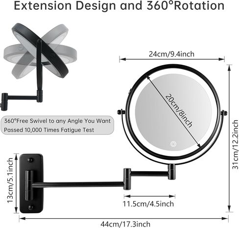 JANEEVA 8" Wall Mounted Lighted Makeup Mirror,Rechargeable Double Sided 1X/10X Magnifying Mirror with 3 Color Lights,Touch Dimmable Bathroom Vanity Mirror with 360°Swivel Extendable Arm Matte Black in Kuwait