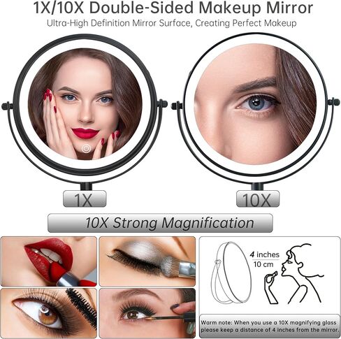 JANEEVA 8" Wall Mounted Lighted Makeup Mirror,Rechargeable Double Sided 1X/10X Magnifying Mirror with 3 Color Lights,Touch Dimmable Bathroom Vanity Mirror with 360°Swivel Extendable Arm Matte Black in Kuwait