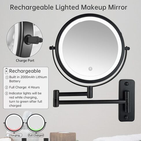 JANEEVA 8" Wall Mounted Lighted Makeup Mirror,Rechargeable Double Sided 1X/10X Magnifying Mirror with 3 Color Lights,Touch Dimmable Bathroom Vanity Mirror with 360°Swivel Extendable Arm Matte Black in Kuwait