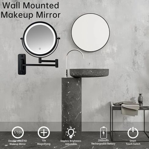 JANEEVA 8" Wall Mounted Lighted Makeup Mirror,Rechargeable Double Sided 1X/10X Magnifying Mirror with 3 Color Lights,Touch Dimmable Bathroom Vanity Mirror with 360°Swivel Extendable Arm Matte Black in Kuwait