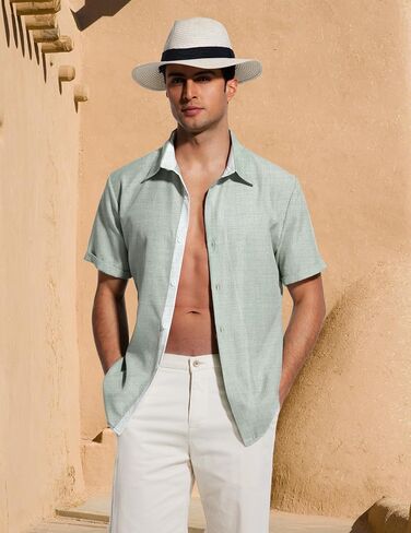 Men's Short Sleeve Shirt Button Down Casual Shirts for Men Fashion Contrast Vacation Summer Beach Shirts in Saudi Arabia
