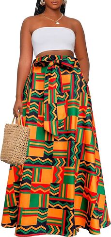 Afibi Womens Casual High Waist Tie Afican Print Long Maxi Skirt with Pockets in Saudi Arabia