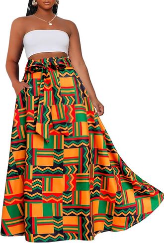 Afibi Womens Casual High Waist Tie Afican Print Long Maxi Skirt with Pockets in Saudi Arabia