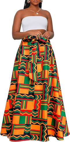 Afibi Womens Casual High Waist Tie Afican Print Long Maxi Skirt with Pockets in Saudi Arabia