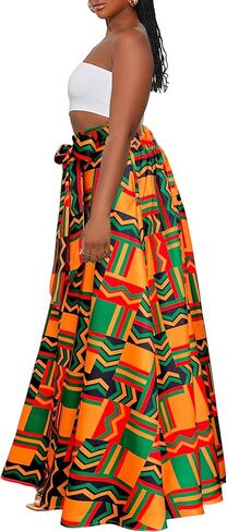 Afibi Womens Casual High Waist Tie Afican Print Long Maxi Skirt with Pockets in Saudi Arabia