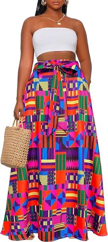 Afibi Womens Casual High Waist Tie Afican Print Long Maxi Skirt with Pockets in Saudi Arabia