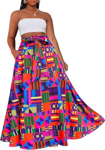 Afibi Womens Casual High Waist Tie Afican Print Long Maxi Skirt with Pockets in Saudi Arabia