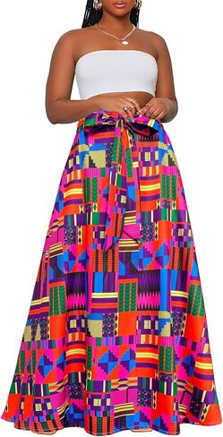Afibi Womens Casual High Waist Tie Afican Print Long Maxi Skirt with Pockets in Saudi Arabia