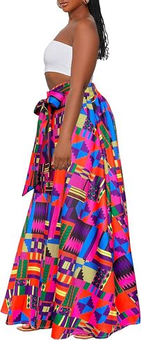 Afibi Womens Casual High Waist Tie Afican Print Long Maxi Skirt with Pockets in Saudi Arabia