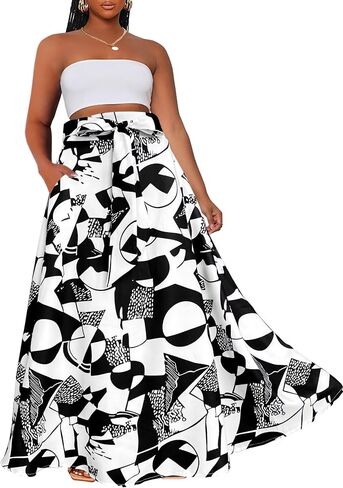 Afibi Womens Casual High Waist Tie Afican Print Long Maxi Skirt with Pockets in Saudi Arabia