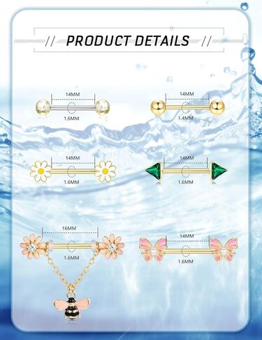 JOERICA 6 Pairs 14G Nipple Rings for Women 316L Stainless Steel Heart Butterfly Moon CZ Flower Barbell Nipple Rings Set Cute Nipplerings Piercing Jewelry in Kuwait