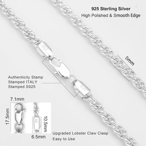 925 Sterling Silver Rope Chain Lobster Clasp 2/2.5/3/4/5mm Gold/Silver Chain for Men Women Silver Necklace Chain 16/18/20/22/24/26/30 Inches in Saudi Arabia