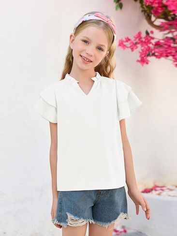 Haloumoning Girls Ruffle Short Sleeve T Shirts Casual V Neck Chiffon Blouse Cute Summer Tops 5-14Y in Saudi Arabia
