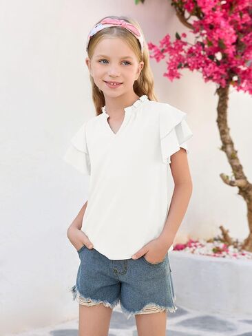 Haloumoning Girls Ruffle Short Sleeve T Shirts Casual V Neck Chiffon Blouse Cute Summer Tops 5-14Y in Saudi Arabia