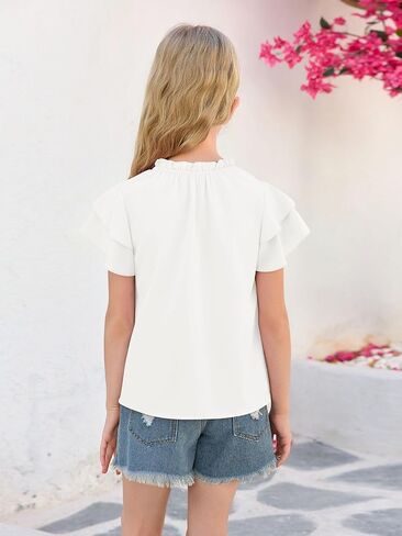 Haloumoning Girls Ruffle Short Sleeve T Shirts Casual V Neck Chiffon Blouse Cute Summer Tops 5-14Y in Saudi Arabia