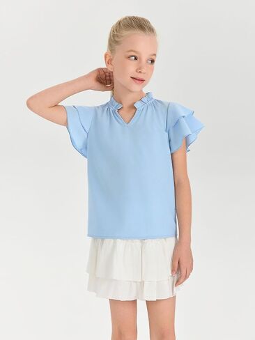 Haloumoning Girls Ruffle Short Sleeve T Shirts Casual V Neck Chiffon Blouse Cute Summer Tops 5-14Y in Saudi Arabia