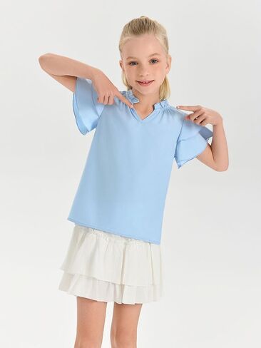 Haloumoning Girls Ruffle Short Sleeve T Shirts Casual V Neck Chiffon Blouse Cute Summer Tops 5-14Y in Saudi Arabia