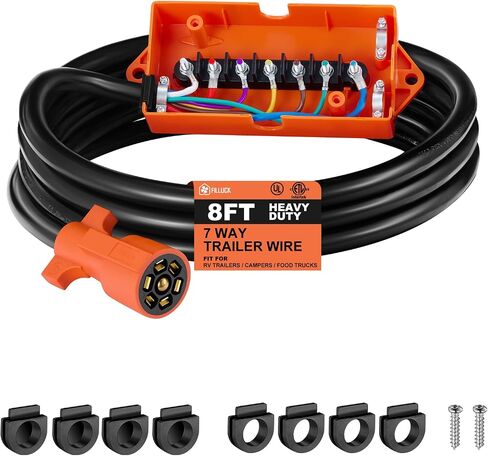 SAE 7 Way Trailer Plug Cord Wiring Harness with Junction Box,Heavy Duty Waterproof Double Prongs Connector, Light & Brake Control 7 Inline Trailer Cable for SAE Standard (8ft) in Saudi Arabia