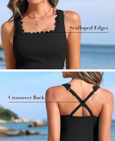 ANFILIA Scalloped Tankini Top Ribbed Bathing Suit Top Women Square Neckline Swimsuit Top in Saudi Arabia