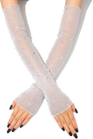 JAKAWIN Rhinestone Mesh Wedding Gloves Crystal Bridal Arm Sleeve Fingerless Gloves for Women in Saudi Arabia