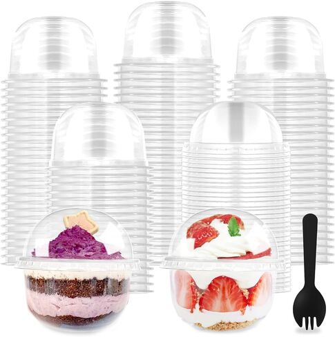 100 Pack 12OZ Clear Plastic Cups with No Hole Dome Lids and Sporks,Disposable Dessert Cups,Yogurt Parfait Cup for Cupcake,Pudding,Iced Cold Drinks,Coffee,Juice,Snacks,Fruits,Ice Cream in Saudi Arabia
