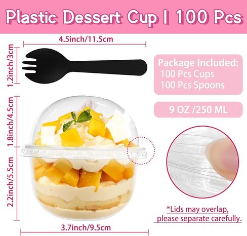 100 Pack 12OZ Clear Plastic Cups with No Hole Dome Lids and Sporks,Disposable Dessert Cups,Yogurt Parfait Cup for Cupcake,Pudding,Iced Cold Drinks,Coffee,Juice,Snacks,Fruits,Ice Cream in Saudi Arabia