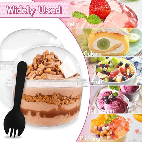 100 Pack 12OZ Clear Plastic Cups with No Hole Dome Lids and Sporks,Disposable Dessert Cups,Yogurt Parfait Cup for Cupcake,Pudding,Iced Cold Drinks,Coffee,Juice,Snacks,Fruits,Ice Cream in Saudi Arabia