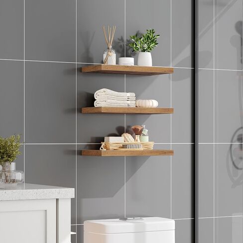Floating Shelves for Wall, 1.5" Thick Wall Shelf Set of 3 with Invisible Brackets, L31.5 x W7.9 Hanging Shelves Farmhouse Home Decor for Bathroom, Living Room, Bedroom, Kitchen, Rustic Brown in Kuwait