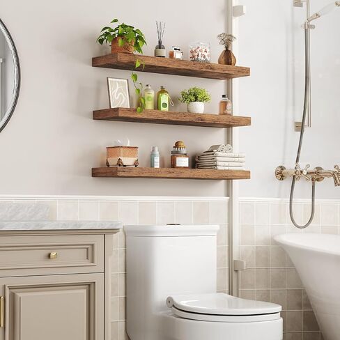 Floating Shelves for Wall, 1.5" Thick Wall Shelf Set of 3 with Invisible Brackets, L31.5 x W7.9 Hanging Shelves Farmhouse Home Decor for Bathroom, Living Room, Bedroom, Kitchen, Rustic Brown in Kuwait
