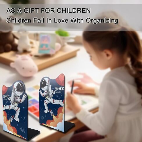 2 Pack Metal Bookends,Non-Slip Blue Cartoon Running Astronauts Book Stopper,Heavy Duty Premium Space-Themed Decorative Book End, Supports for Kids Children Shelves,Room,Office,Learning Gifts in Saudi Arabia
