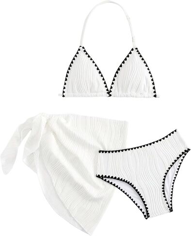 SOLY HUX Girl's 3 Piece Swimsuit Halter Bathing Suit Contrast Binding Textured Bikini Set with Cover Up Skirt in Saudi Arabia