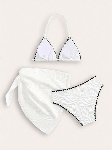SOLY HUX Girl's 3 Piece Swimsuit Halter Bathing Suit Contrast Binding Textured Bikini Set with Cover Up Skirt in Saudi Arabia