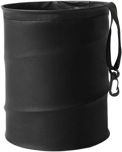 Collapsible Trash Can Car Garbage Bag - Leather Pop-up Car Trash Bin with Elastic Band - Hanging Foldable Garbage Can Vehicle Waste Basket Bin - Double-Layer Washable Bag for Cars Camping (Black) in Kuwait